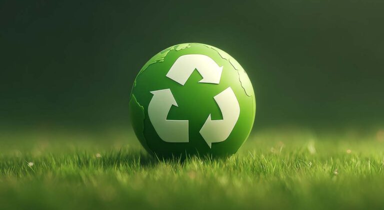 Saving the Planet Through Environmental Protection Efforts, A green soccer ball with a recycling symbol rests on grass, symbolizing sustainability in sports