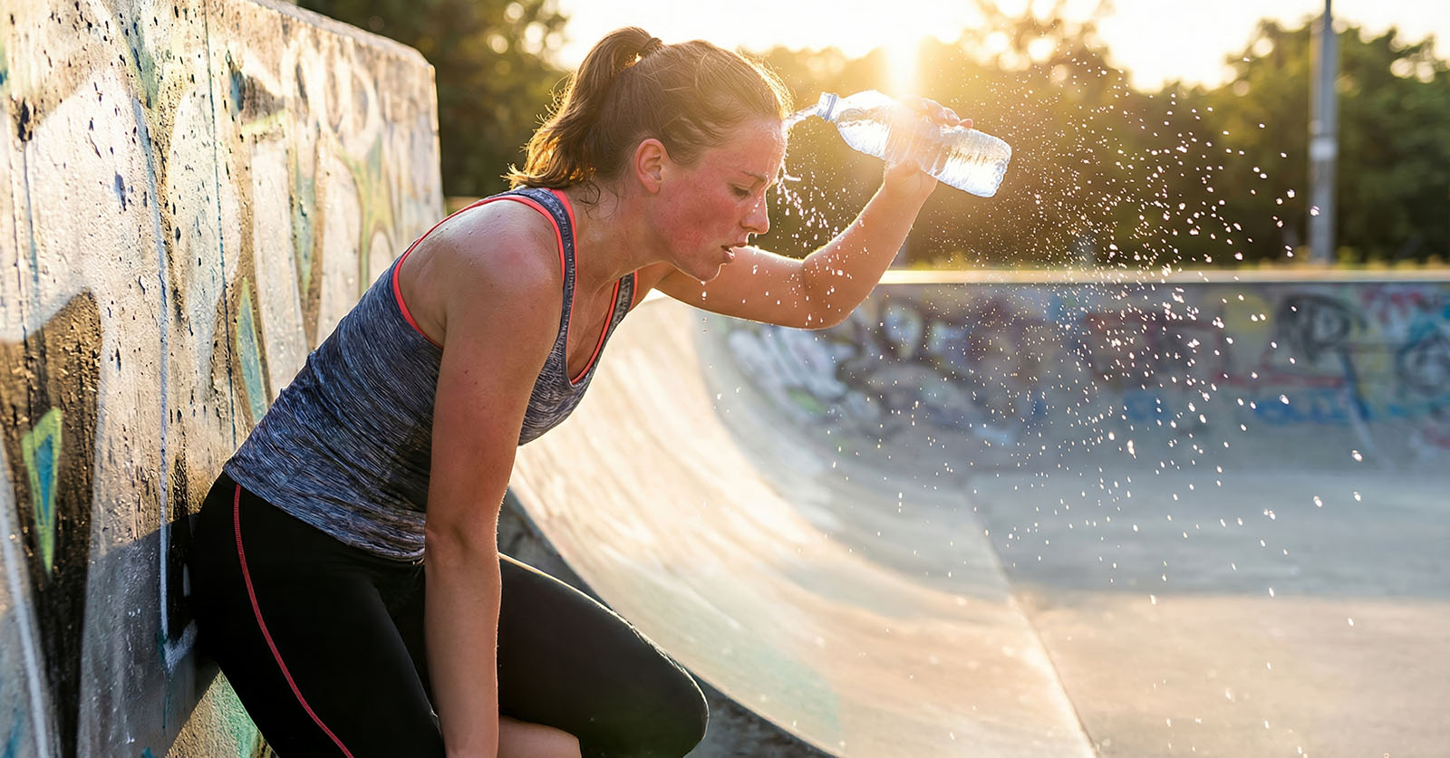 Frau nach dem Sport kühlt sich mit Wasser